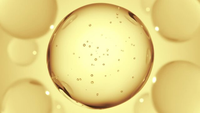 Cosmetics golden serum liquid bubbles abstract background. Cosmetic moisturizer essence gel. Collagen fluid bubble molecule. Moisturizing cream or oil for personal health care and beauty skin concept