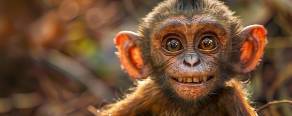 Fototapeta premium Cute baby monkey with big eyes looking at the camera