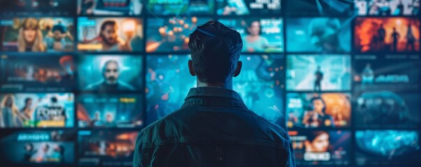 AI-powered streaming service person selecting movies TV shows intelligent recommendations banner with copy space