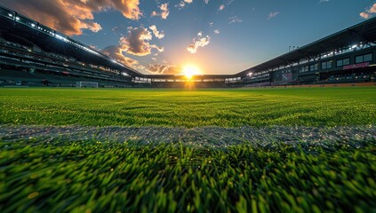 Fototapeta premium Glowing Floodlights and Empty Green Grass Field with sunset - Professional Sports Background for Spectacular Sports Stadium Advertisement