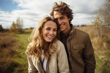 Obraz premium a happy young couple in love, smiling and looking at the camera while standing outside in a field.