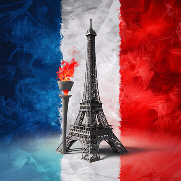 a minimalist image of Eiffel tower and torch with Franch flag of wave and abstract pattern, painting