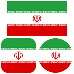 Flag of Iran. Set with different shapes: round, square, rectangular. Ready isolated icons emblems badge. White background