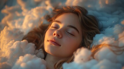 The beautiful child slept on the clouds, looking comfortable.