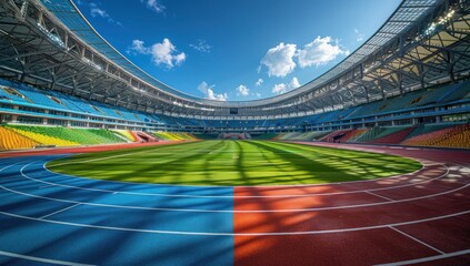 Olympic Stadium with red running track, wide angle view, blue sky and green grass field background, in the style of professional photography.
