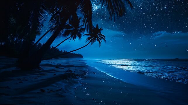 A beach at night with palm trees and stars.