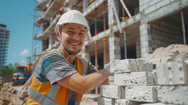 smiling bricklayer builder in uniform and sasuke builds a house from bricks on a sunny day