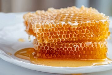 Honeycomb with Honey on a White Plate