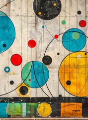 A wall with colorful circles and a man standing in front of it.
