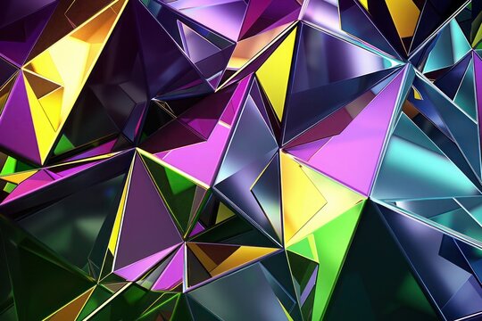 Abstract Background, a futuristic 3D tessellation of triangular prisms in tetradic hues of purple, green, yellow, and blue, with sharp edges and intricate detailing enhancing the contrast,
