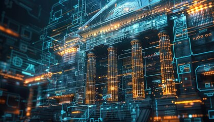 Fototapeta premium Futuristic digital cityscape with virtual holographic overlay of a classical building. Advanced technology and architecture concept.