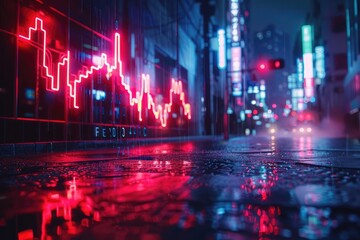 Fototapeta premium Neon city street with financial graph, glowing lights reflecting on wet pavement, representing stock market trends and urban nightlife.