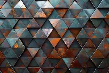 Abstract Background, a futuristic 3D tessellation of triangular prisms in earthy slate and rust with metallic copper accents, enhancing the contrast and intricate detailing,