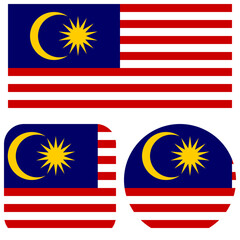 Flag of Malaysia. Set with different shapes: round, square, rectangular. Ready isolated icons emblems badge. White background