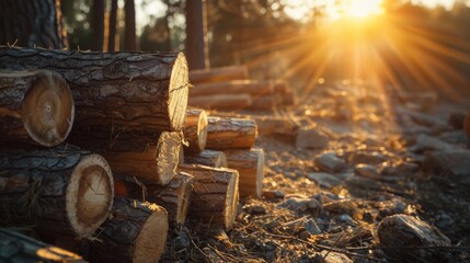Stack of logs in a forest with sun rays shining through the trees during sunset, autumn nature concept