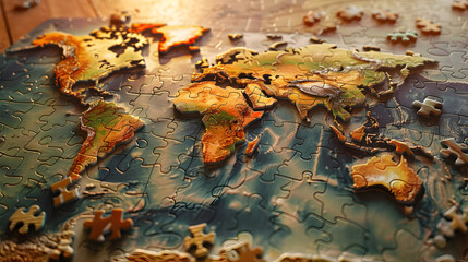 Colorful jigsaw puzzles come together to create a map. Each piece reveals a unique region. and connected to each other The complete map emphasizes the diversity and unity of the various areas.