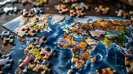 Colorful jigsaw puzzles come together to create a map. Each piece reveals a unique region. and connected to each other The complete map emphasizes the diversity and unity of the various areas.