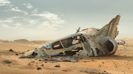 An old, rusted spaceship lies in disrepair in the endless expanse of a sandy desert, telling a tale of forgotten journeys and lost time.