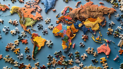 Colorful jigsaw puzzles come together to create a map. Each piece reveals a unique region. and connected to each other The complete map emphasizes the diversity and unity of the various areas.
