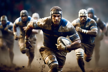A rugby football player runs with a ball in the dust and people behind him. It is a picture that shows the determination, challenge, and ability to work as a team of athletes in a football group.