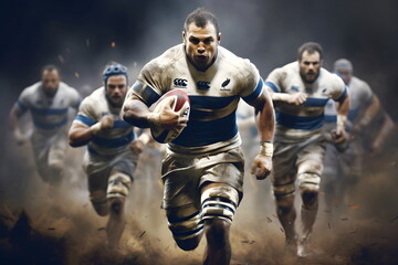 A rugby football player runs with a ball in the dust and people behind him. It is a picture that shows the determination, challenge, and ability to work as a team of athletes in a football group.