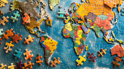 Colorful jigsaw puzzles come together to create a map. Each piece reveals a unique region. and connected to each other The complete map emphasizes the diversity and unity of the various areas.