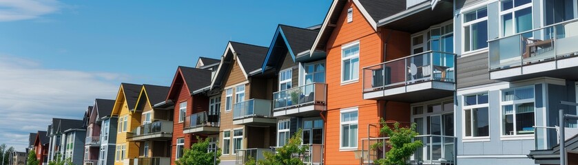 Colorful Row of Townhouses with Balconies - A row of colorful townhouses with balconies and windows under a bright blue sky.