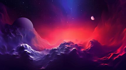 Fototapeta premium Cosmic fantastic abstract alien planet landscape poster background. Space cyberpunk and vaporwave style. Purple, red, blue bright colors. AI artwork. 