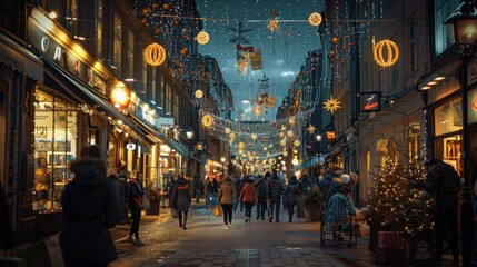 A bustling street in a Scandinavian city was covered with Christmas decorations and lanterns