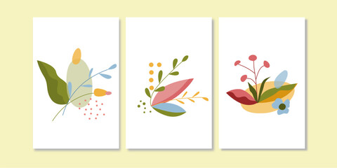 Botanical wall art set with flowers and organic shapes collection. Modern composition of leaves and florals wall decoration, wallpaper, wall print, wall decor.