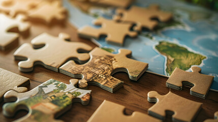 Colorful jigsaw puzzles come together to create a map. Each piece reveals a unique region. and connected to each other The complete map emphasizes the diversity and unity of the various areas.