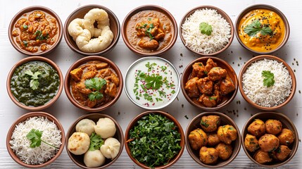 collection of Indian foods isolated on a white background, including momos, butter chicken curry and rice, samosas, and pani puri