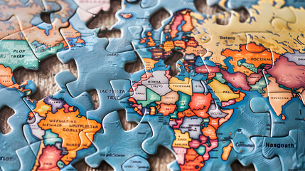 Colorful jigsaw puzzles come together to create a map. Each piece reveals a unique region. and connected to each other The complete map emphasizes the diversity and unity of the various areas.