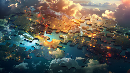 Colorful jigsaw puzzles come together to create a map. Each piece reveals a unique region. and connected to each other The complete map emphasizes the diversity and unity of the various areas.