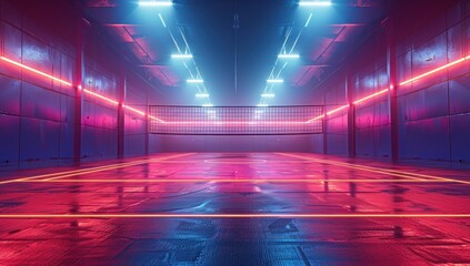 Empty Indoor Volleyball Court With Fog and Lights at Night