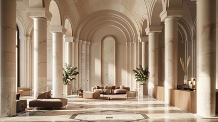 Fototapeta premium Grand Interior with Tall Columns and Arches.