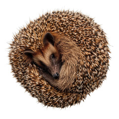 Fototapeta premium Close-up of a curled hedgehog with patterned spines, isolated on a plain white background. Perfect for wildlife and nature-themed projects.