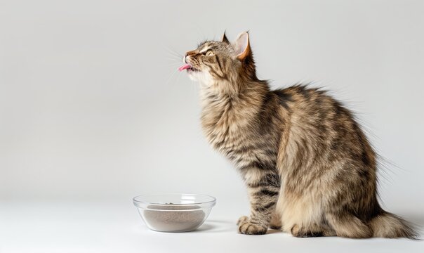 White background, white floor, side view of an Pixie-Bob cat sitting at the edge of the photo on the ground, licking his lips and looking up, minimalist style in front of him there is a cat bowl