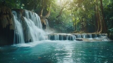 Naklejka premium Jungle Rain Forest. Nature Scenic Landscape of Erawan Waterfall in Siam's Deep Tropical Jungle