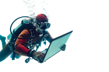 Scuba Diver with Laptop Conducting Research Isolated on Transparent Background