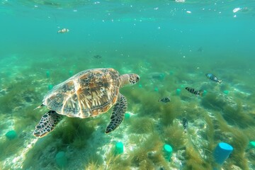 Obraz premium Sea Turtle Swimming Through Green Underwater Landscape