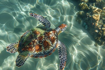 Obraz premium Sea Turtle Swimming in Clear Water