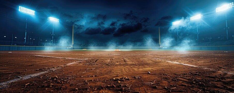 Dramatic shot of a baseball field under bright lights with fog, perfect atmosphere for a thrilling game or cinematic scene.