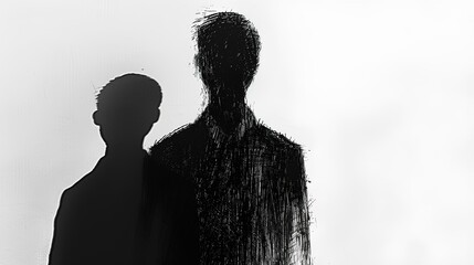 image portrays two shadowy, indistinct human figures standing side by side against a white background.