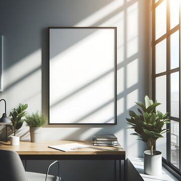 A desk with a plant and a picture frame decoration on the wall unique creative Vibrant.