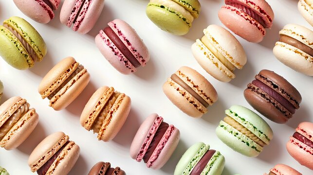 An elegant arrangement of colorful macarons in various flavors and pastel shades, neatly lined up on a light background.