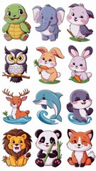 Naklejka premium Adorable Cartoon Animal Stickers Collection Featuring Cute Turtle, Owl, Giraffe, Eagle, Elephant, Deer, Panda, Dolphin, Lion, and Fox Illustrations