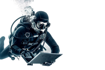 Underwater Explorer Using Pad for Data Entry Isolated on Transparent Background