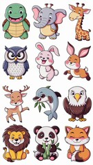 Obraz premium Adorable Cartoon Animal Stickers Collection Featuring Cute Turtle, Owl, Giraffe, Eagle, Elephant, Deer, Panda, Dolphin, Lion, and Fox Illustrations