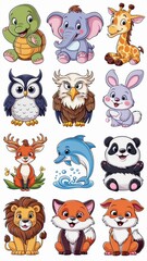 Adorable Cartoon Animal Stickers Collection Featuring Cute Turtle, Owl, Giraffe, Eagle, Elephant, Deer, Panda, Dolphin, Lion, and Fox Illustrations